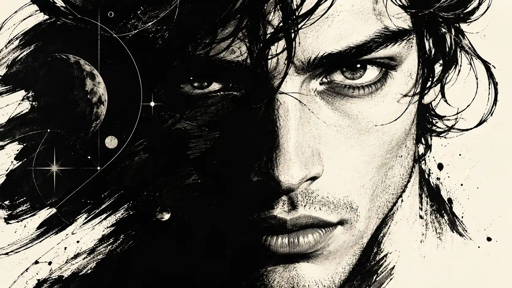 Extreme close up graphic portrait of an enigmatic man
