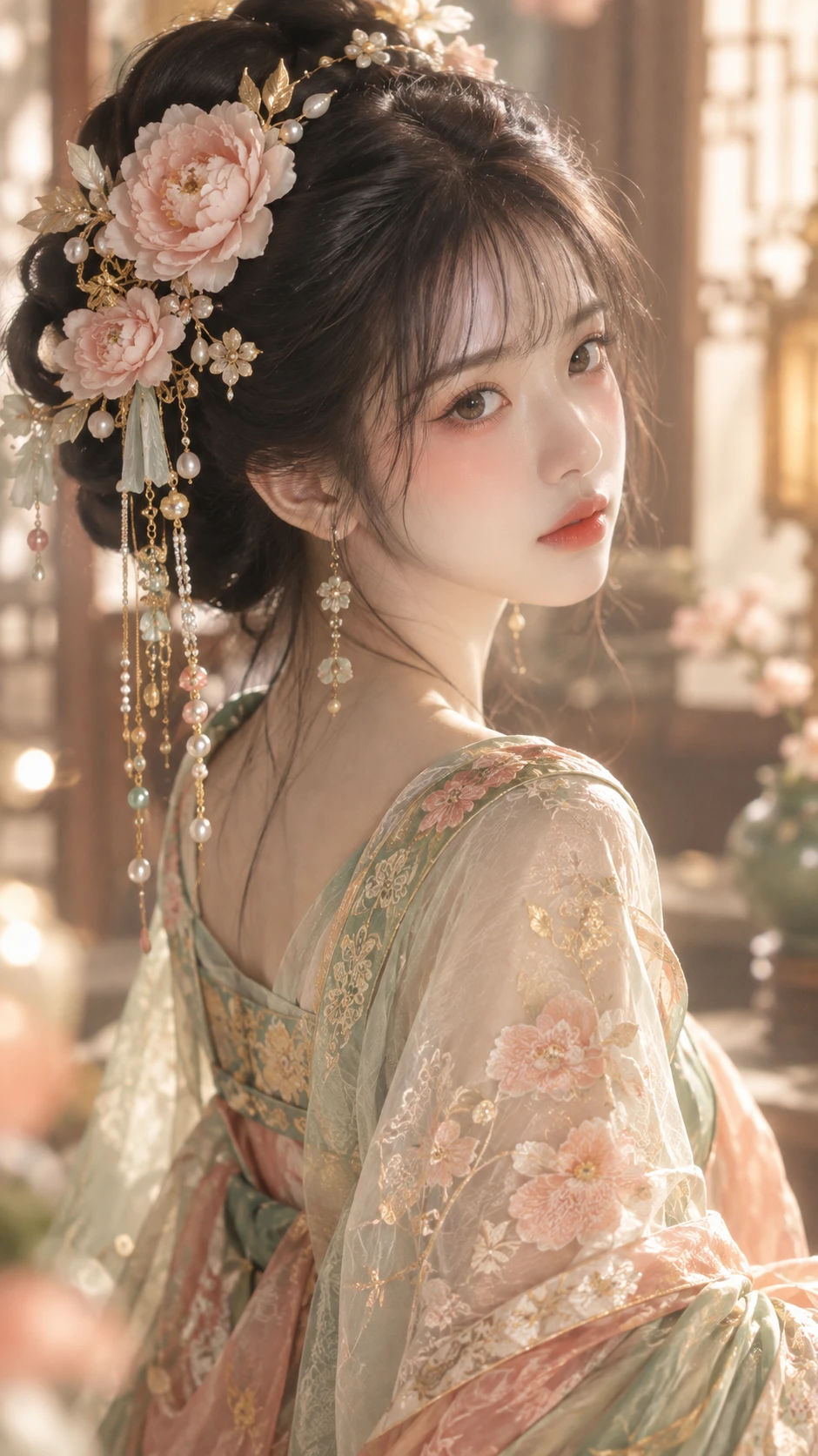 Elegant hanfu portrait of a young East Asian woman indoors