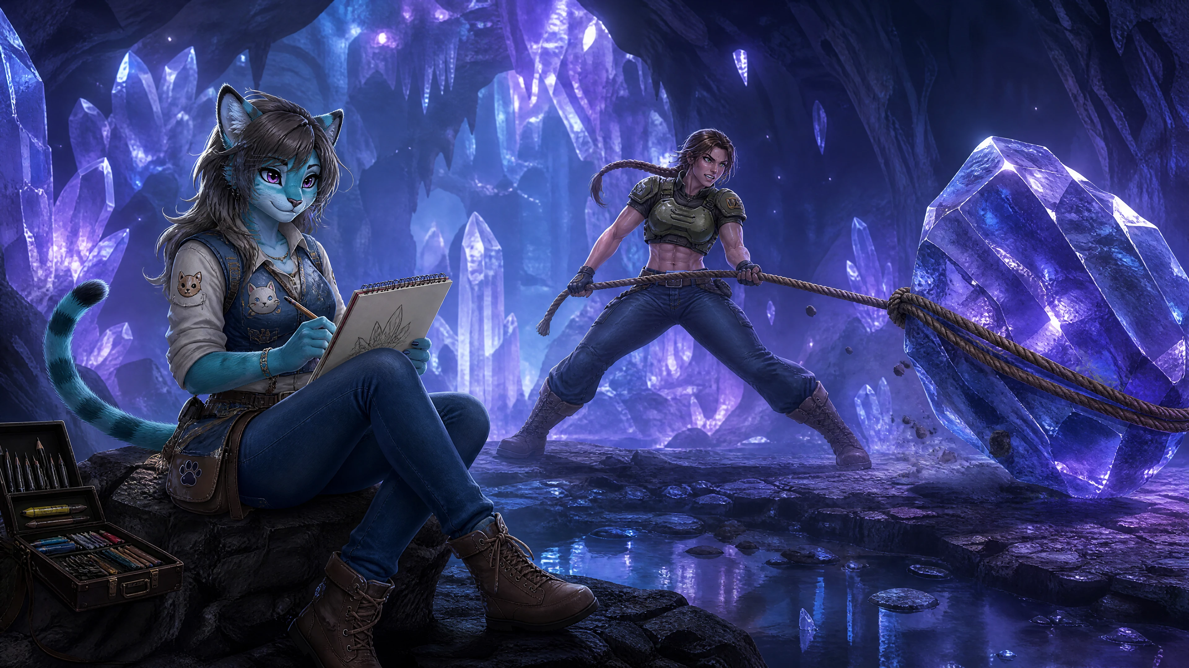 Anthro teal liger woman sketching on a rock in a cave