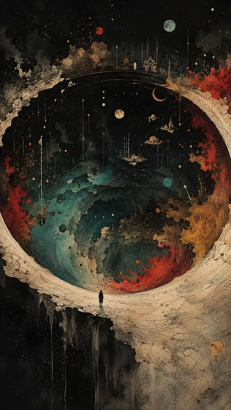 Tiny human silhouette at the edge of a vast swirling void