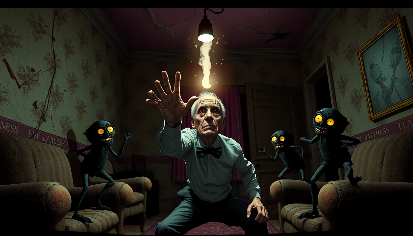 Gaunt man reaching for elusive light in decayed room