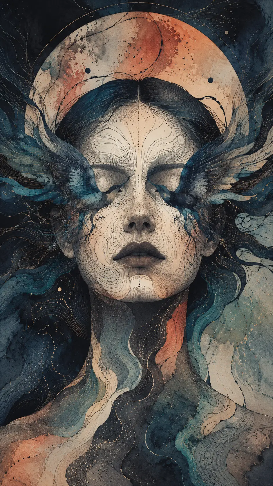 Surreal portrait of a woman with birds behind closed eyes