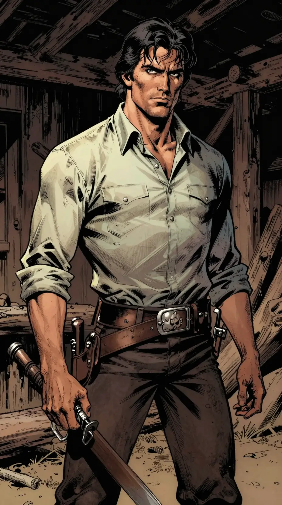 Brooding cowboy in a gothic lumber yard comic scene
