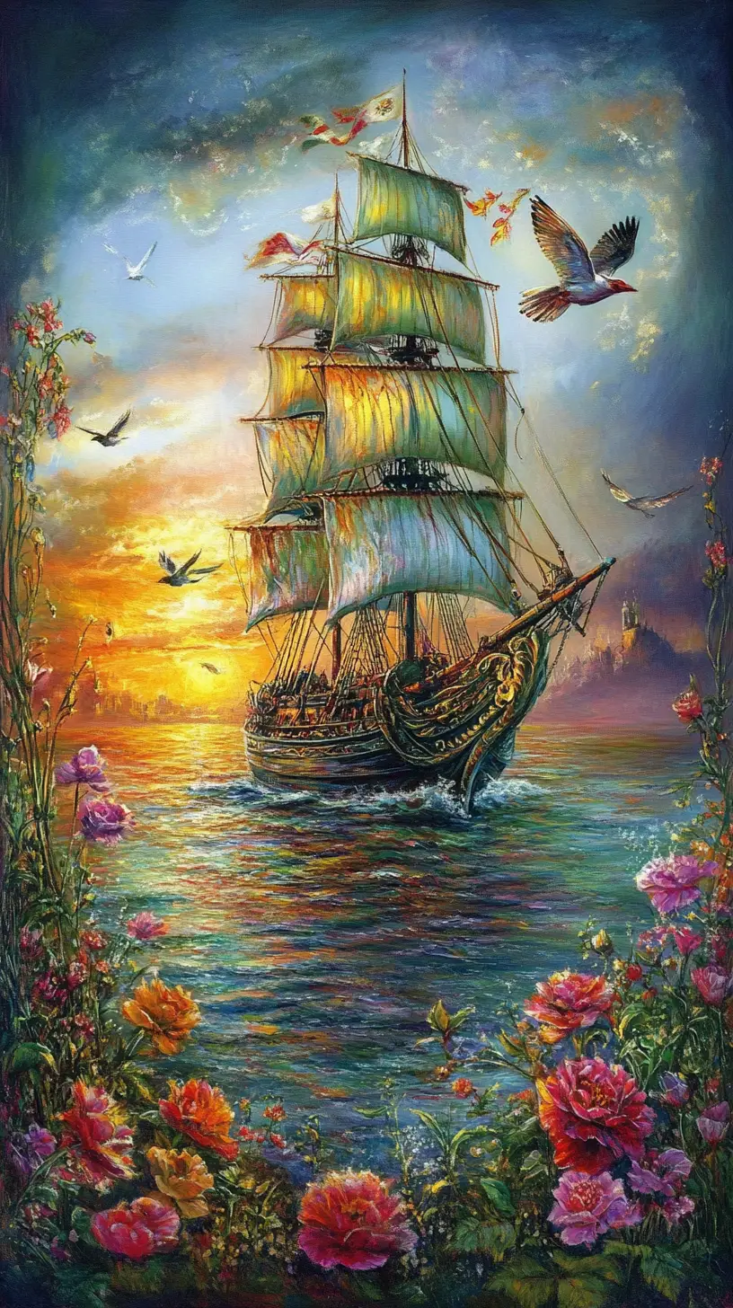 Romantic oil painting of a pirate ship on a glowing sea