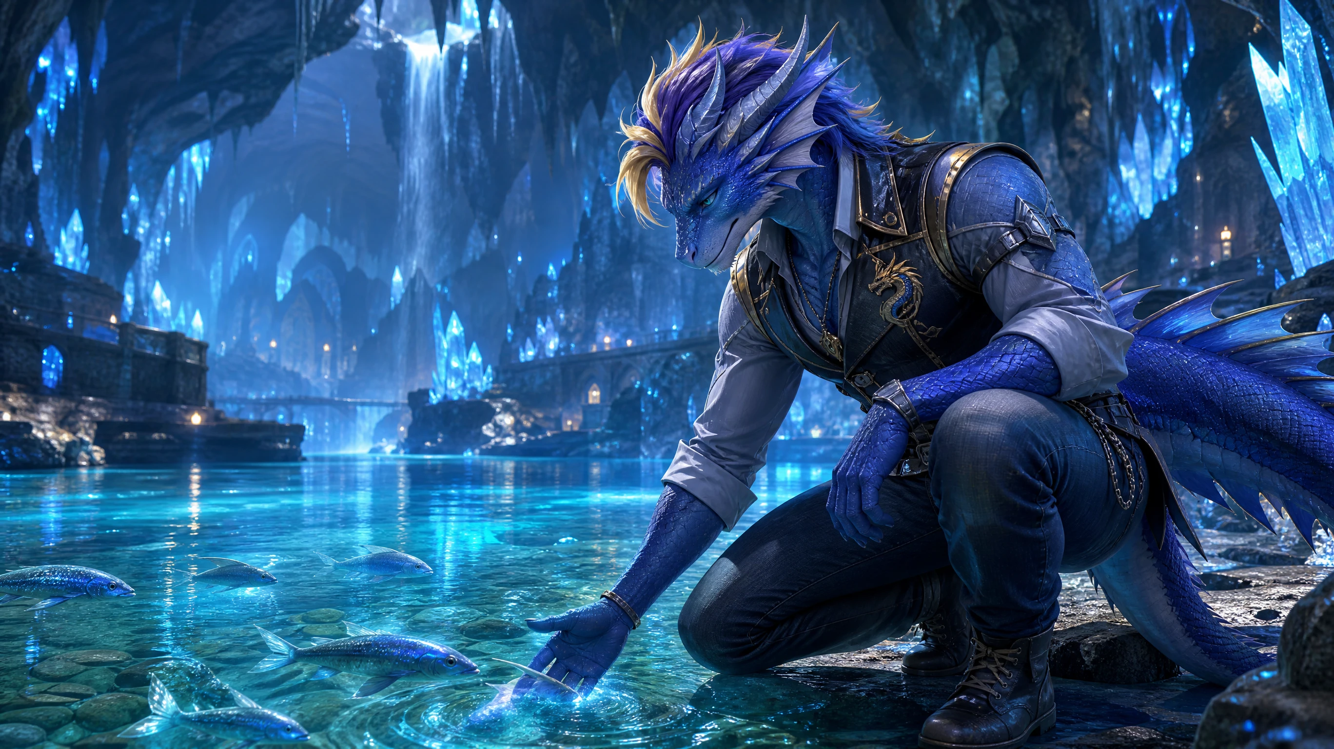 Anthro leviathan calmly petting fish in a crystal cavern