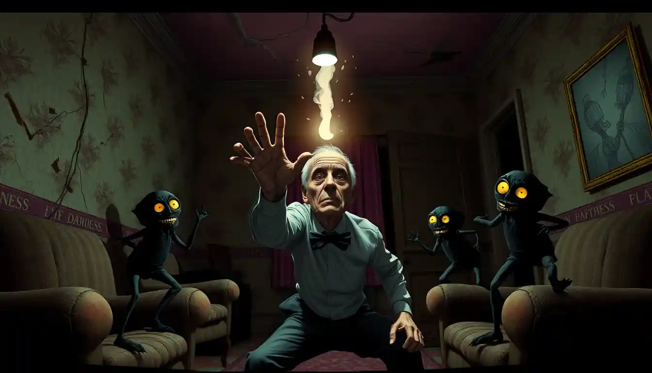 Gaunt man reaching for elusive light in decayed room