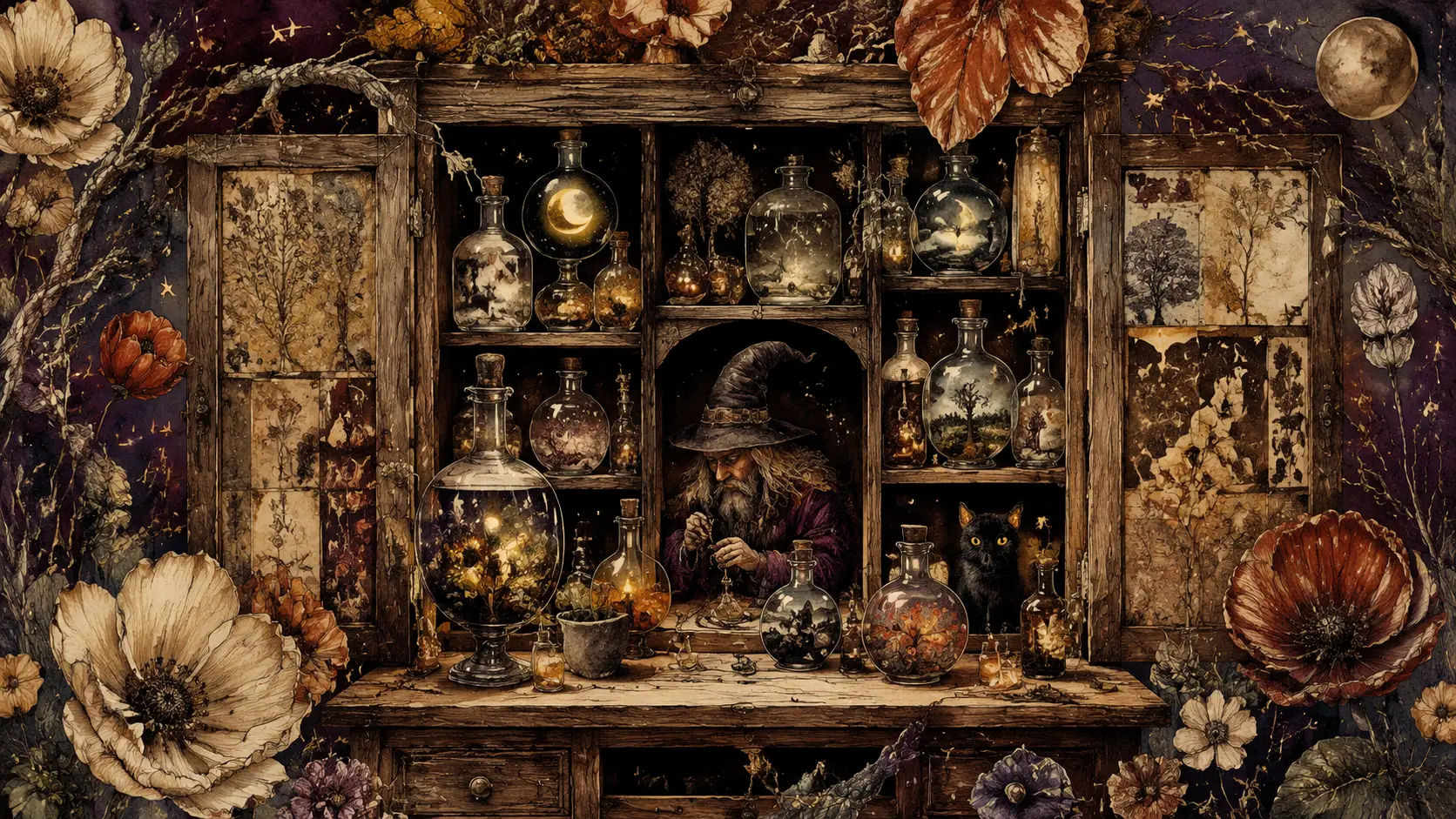 Whimsical woodland apothecary cabinet with glowing glass vessels