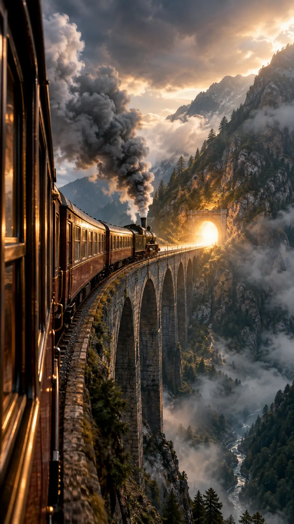 Steam train crossing a high stone viaduct toward light