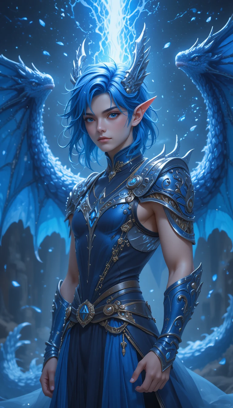 Young dragon hybrid warrior in blue fantasy armor
