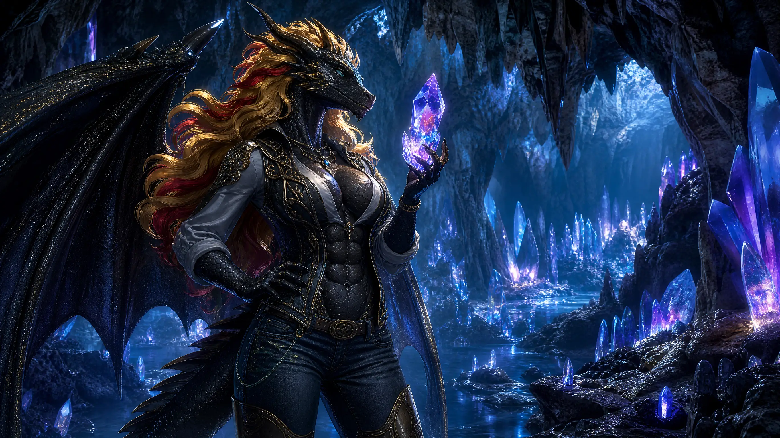 Winged dragon woman studying a crystal in cavern