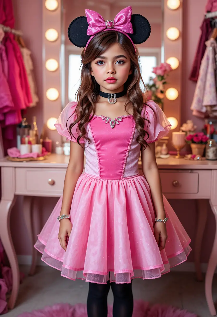 Nervous tween boy in pink princess costume at vanity