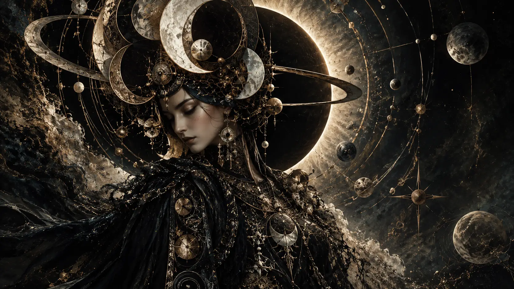 Mystical oracle woman crowned by eclipses and celestial rings