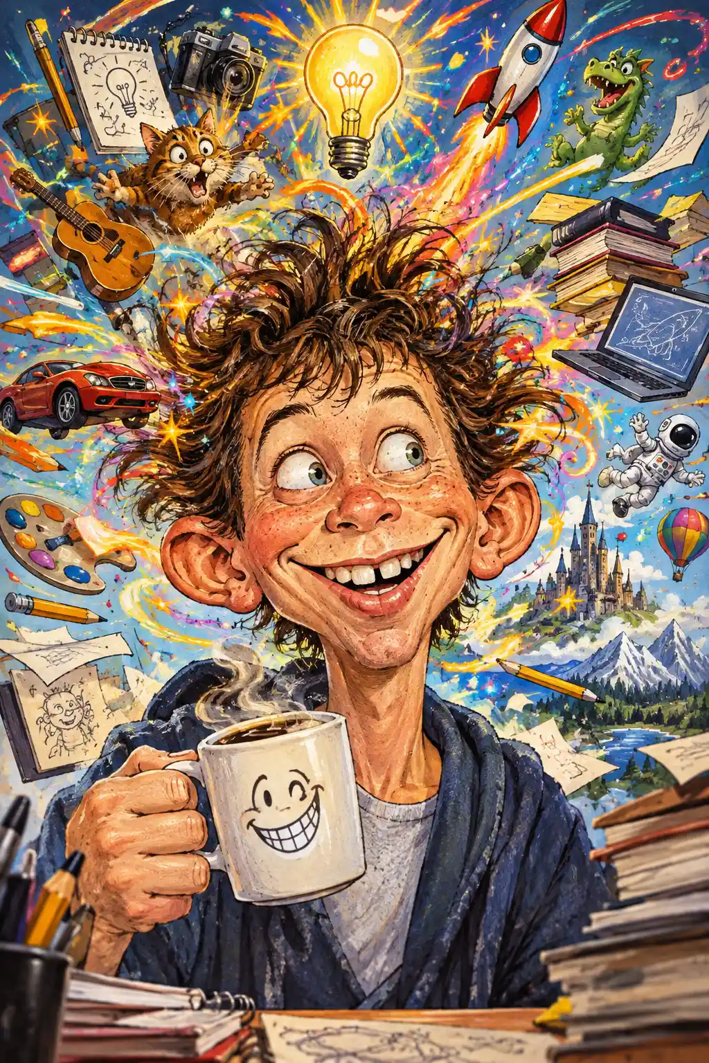 Cabeza caricaturesca rodeada de chispas creativas coloridas y brillantes