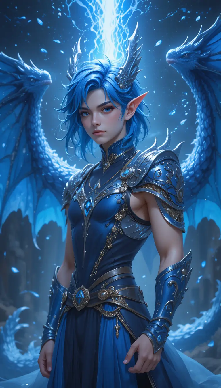 Young dragon hybrid warrior in blue fantasy armor
