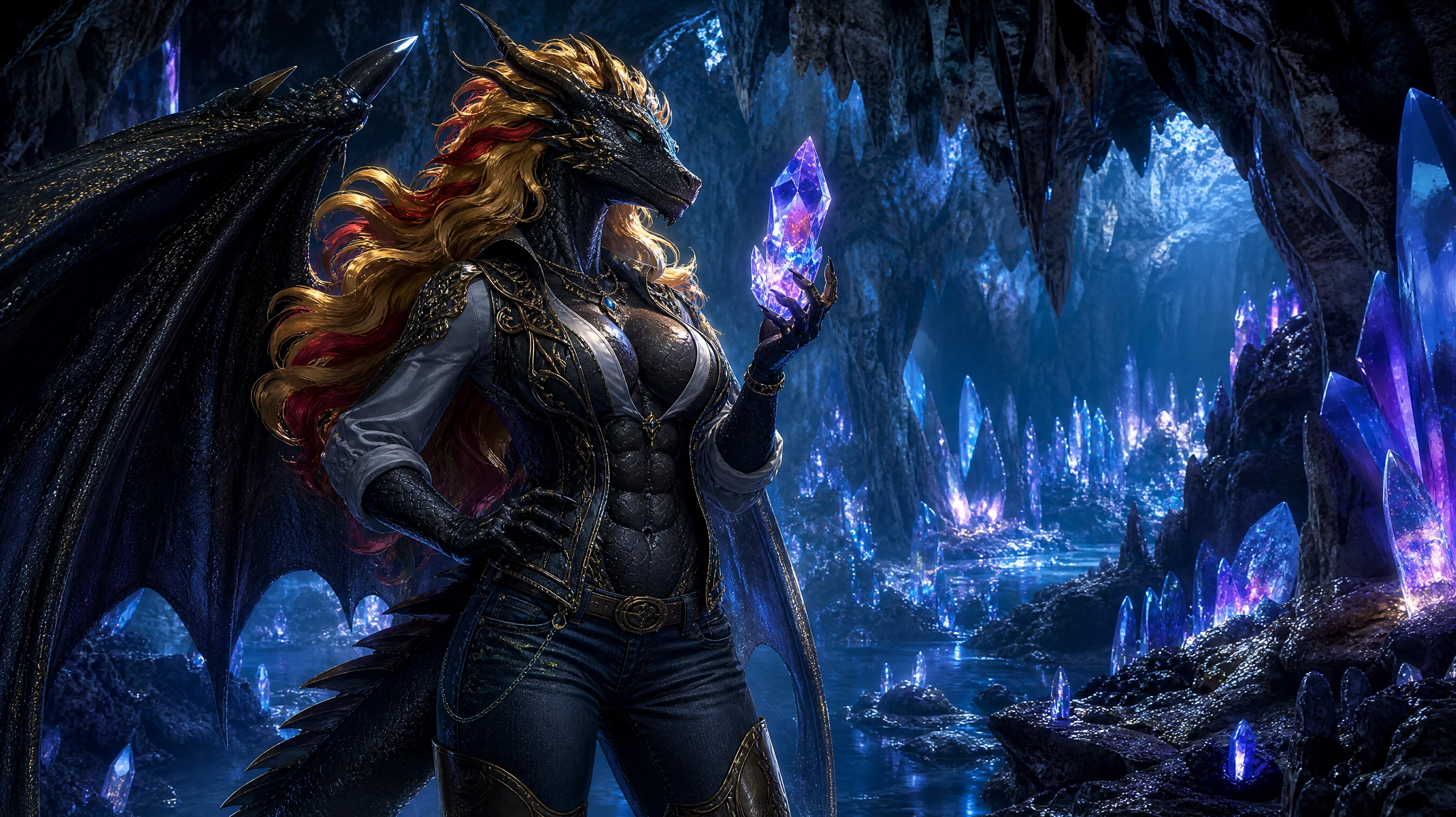 Winged dragon woman studying a crystal in cavern