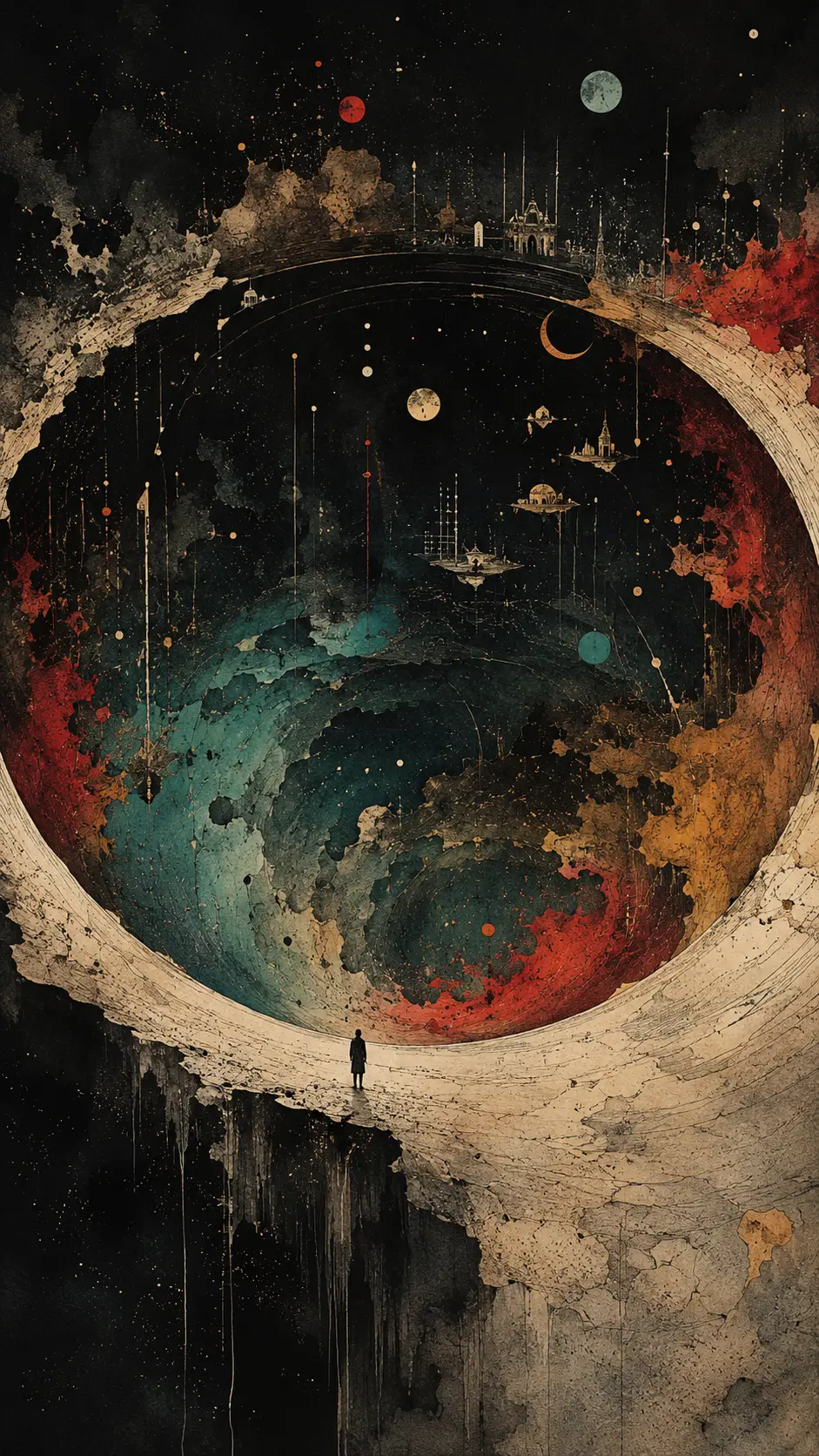 Tiny human silhouette at the edge of a vast swirling void