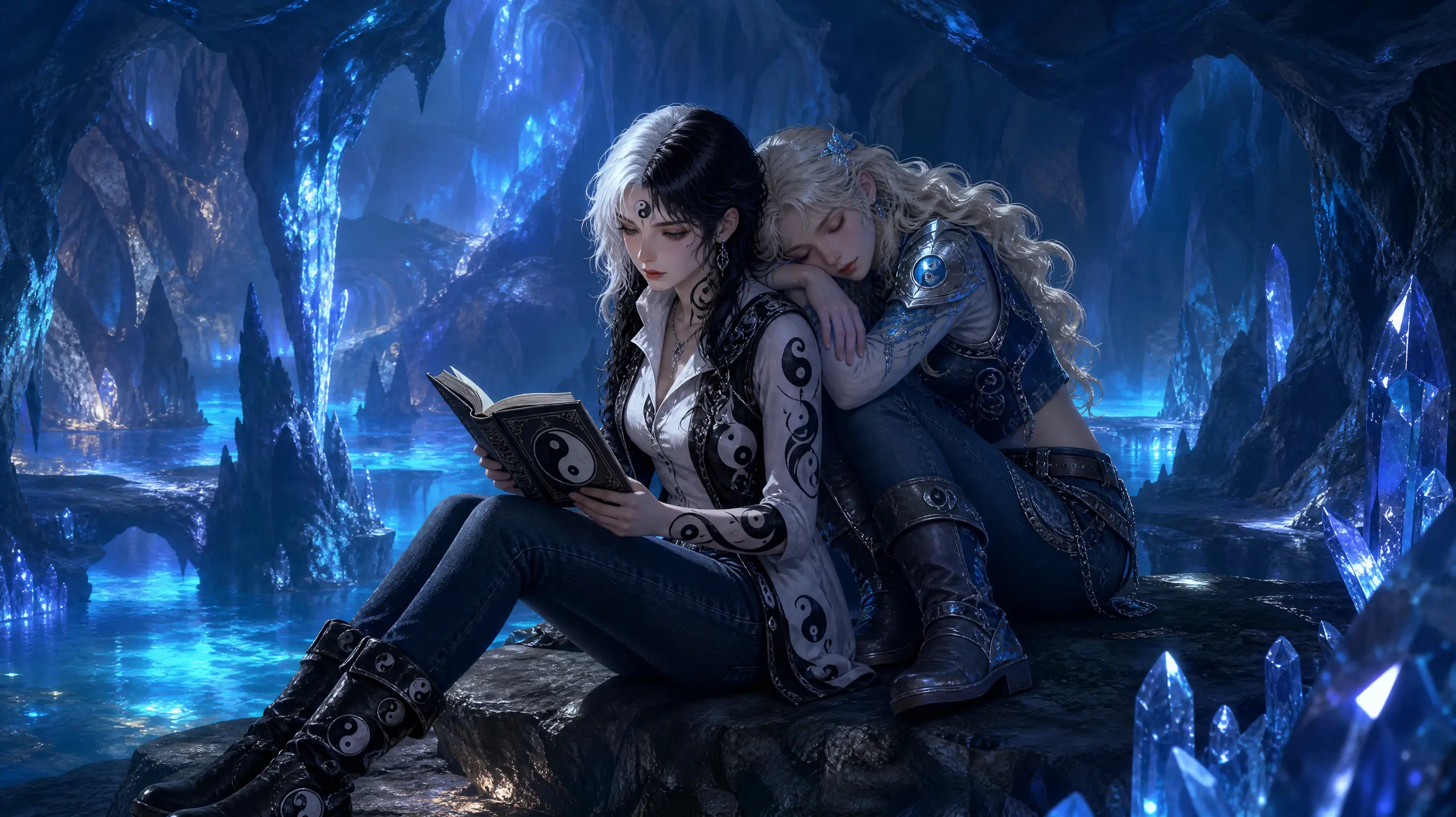 Two women resting together in a glowing crystal cavern