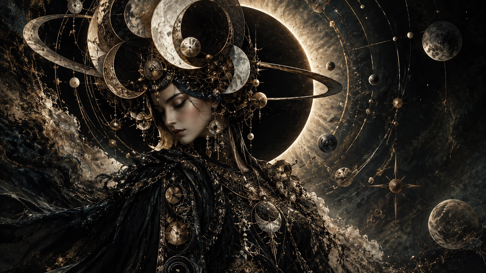 Mystical oracle woman crowned by eclipses and celestial rings