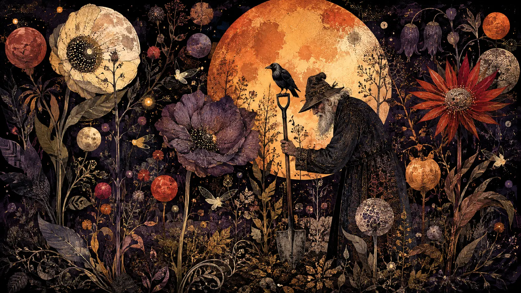 Elderly gardener in a midnight garden of celestial flowers