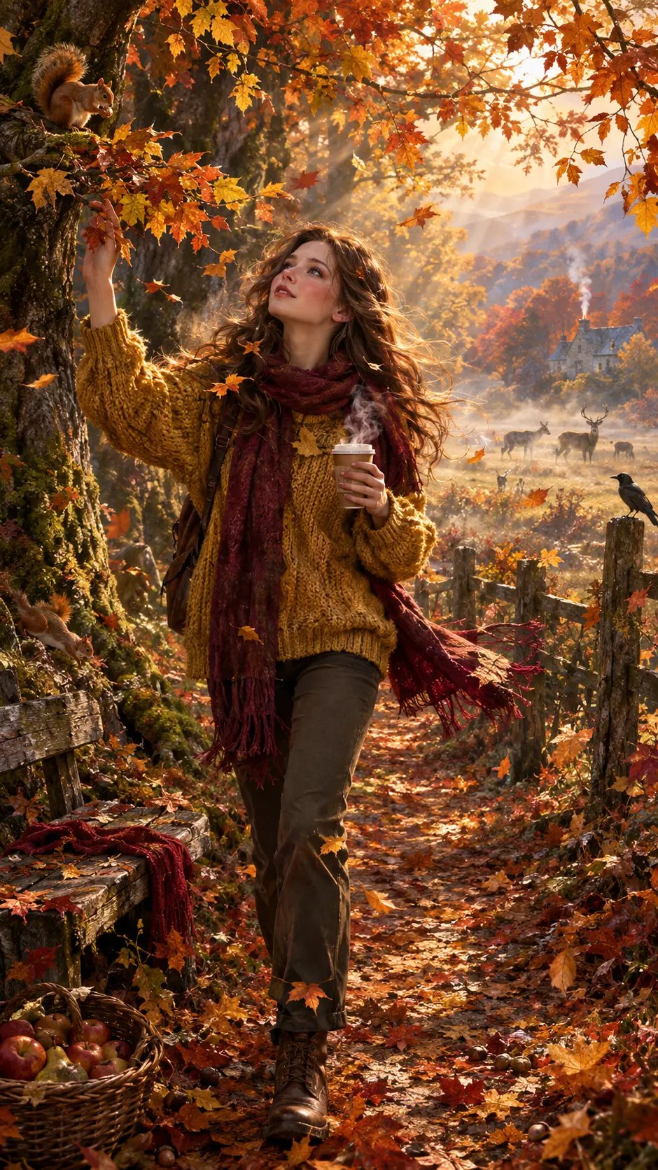 Young woman walking along a sunlit autumn forest path
