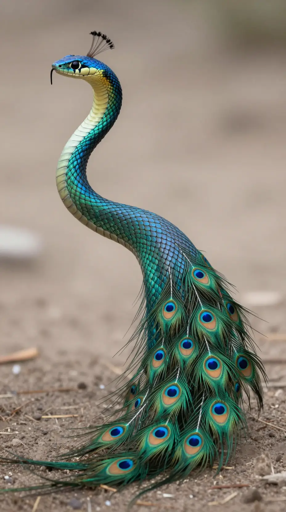 Graceful peacock snake hybrid with iridescent tail feathers