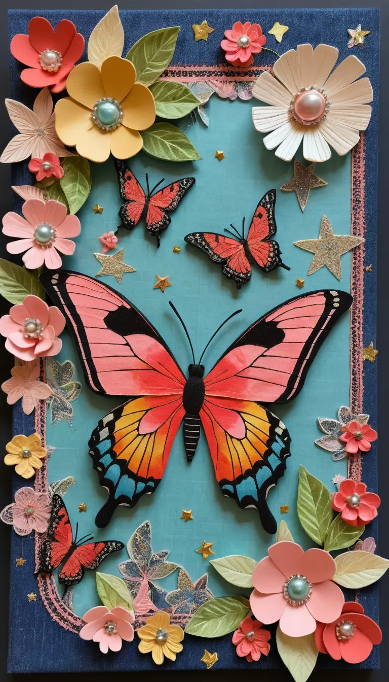 Collage giocoso mixed media con farfalle, frutta e stelle