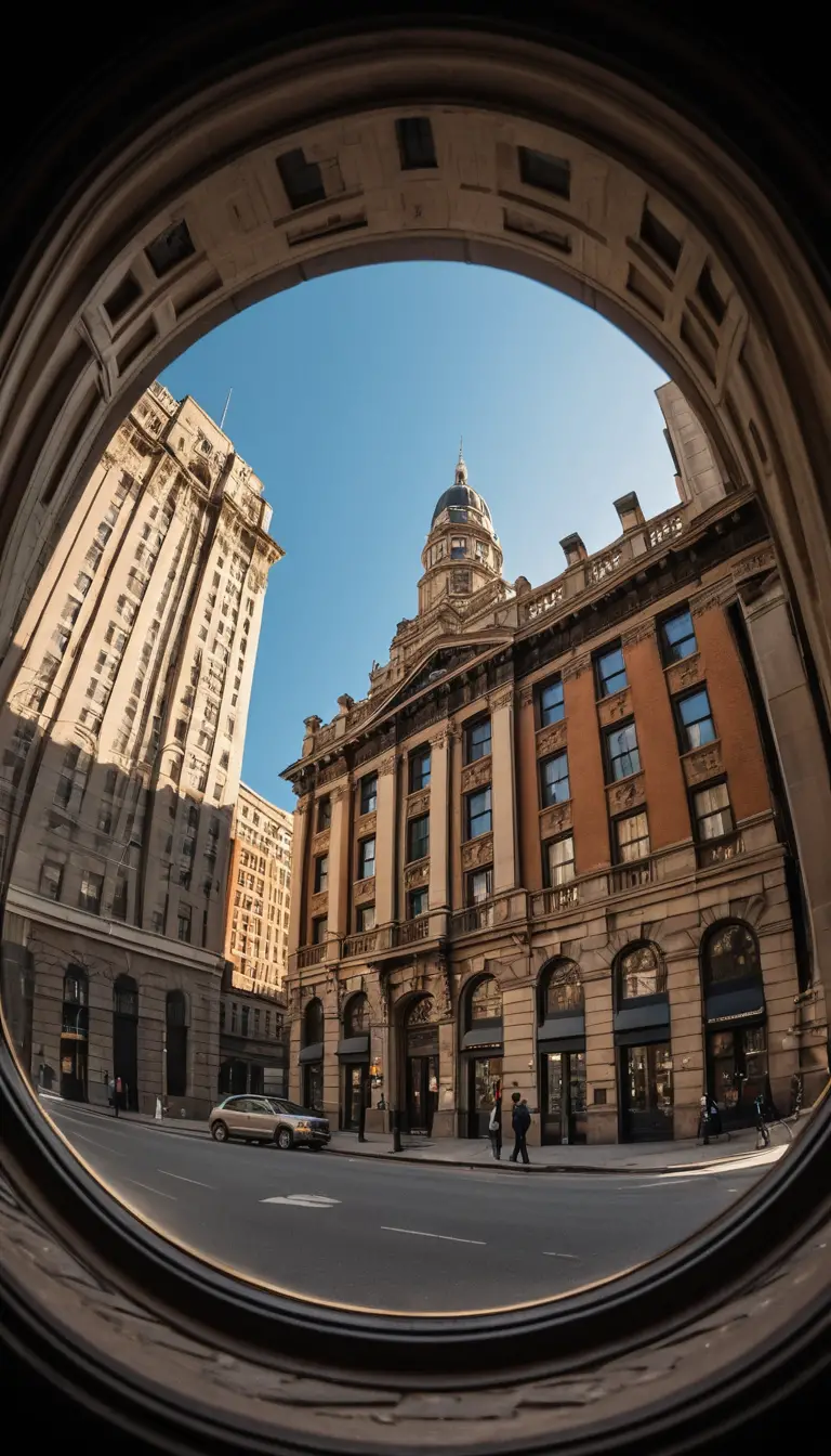 Vista grandangolare fish‑eye dal basso del riflesso di architettura urbana storica