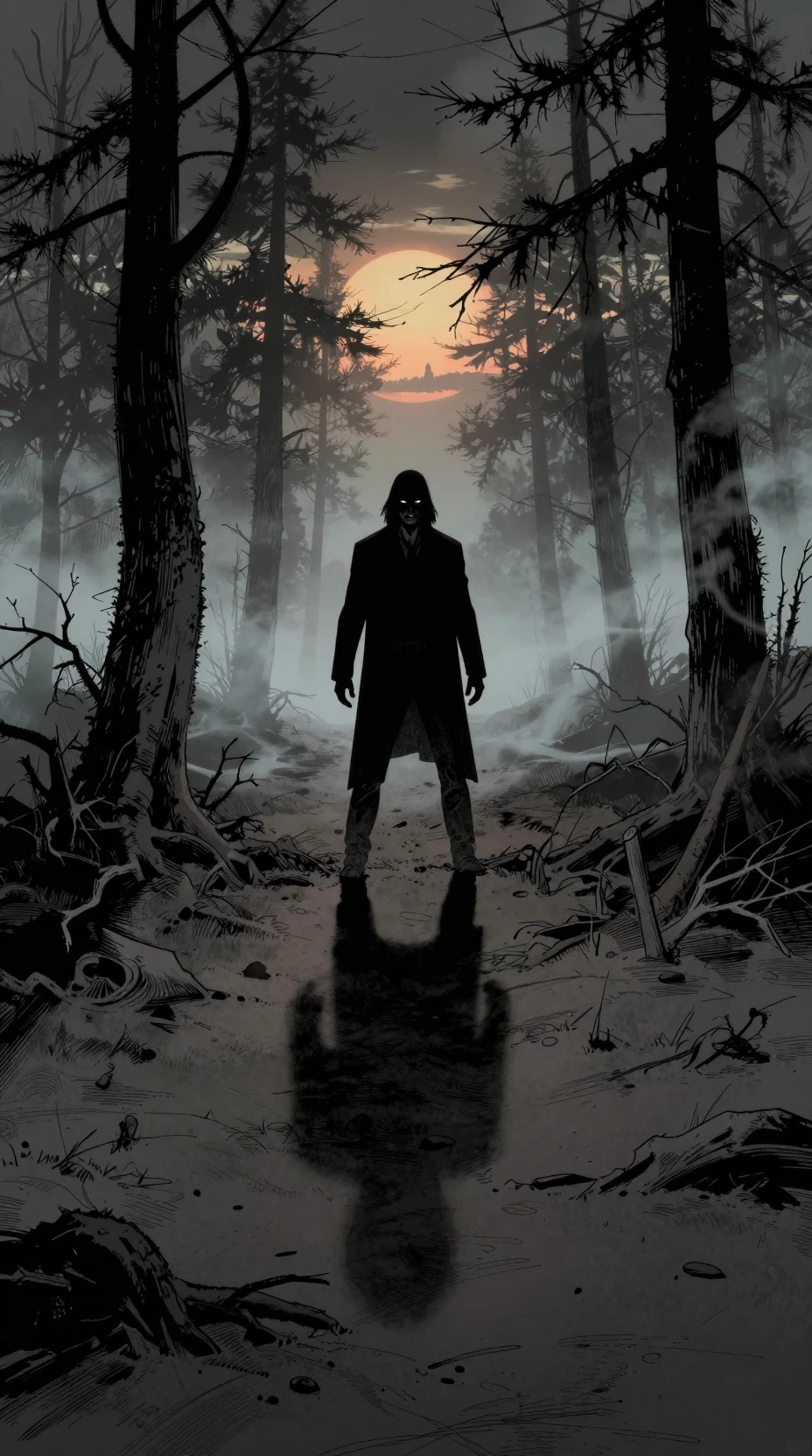 Lone Man In Silent Pines At Ominous Sunset