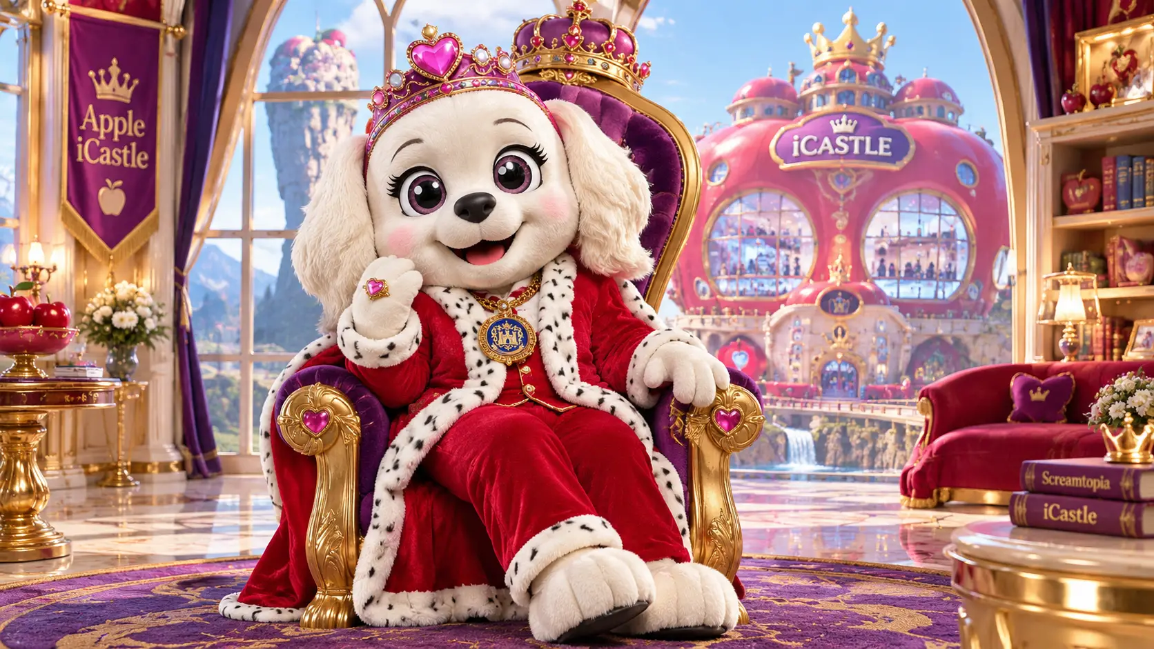 Princesa mascota de perro gigante en un castillo de fantasía