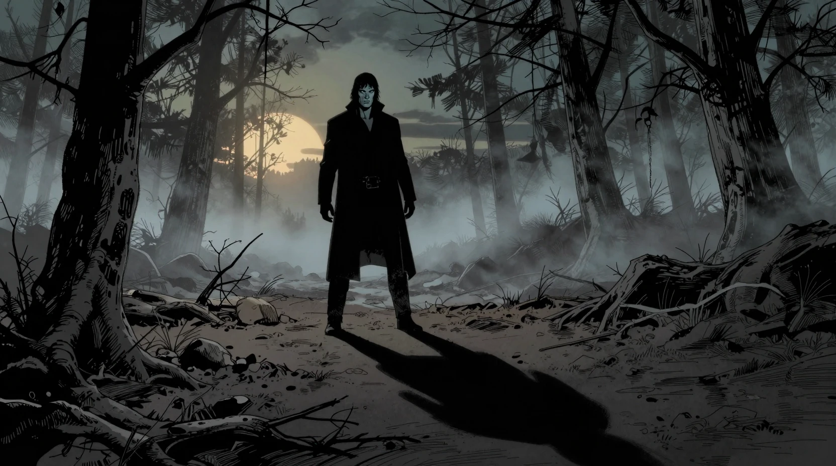 Lone man in misty pines casting a long dark shadow