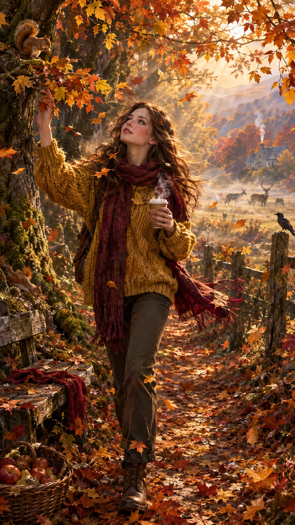 Young woman walking along a sunlit autumn forest path