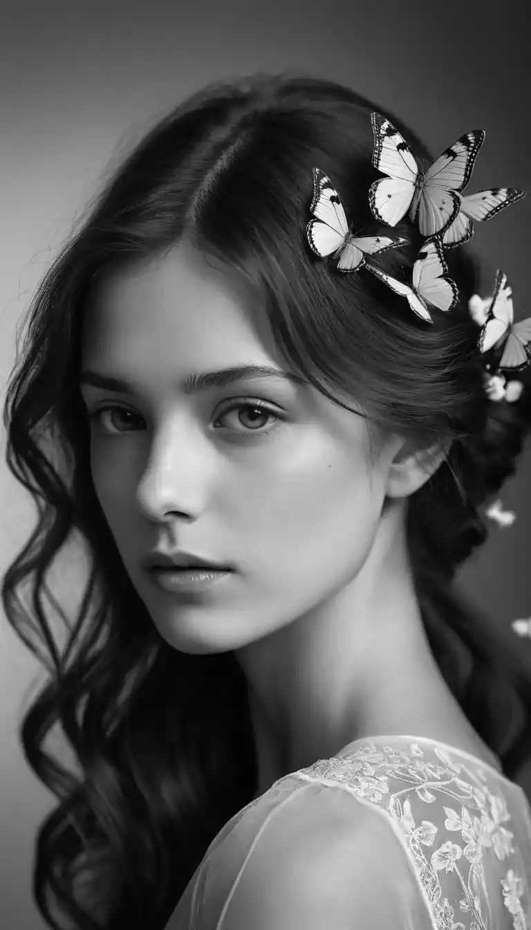 Black and white close up portrait of girl with butterflies
