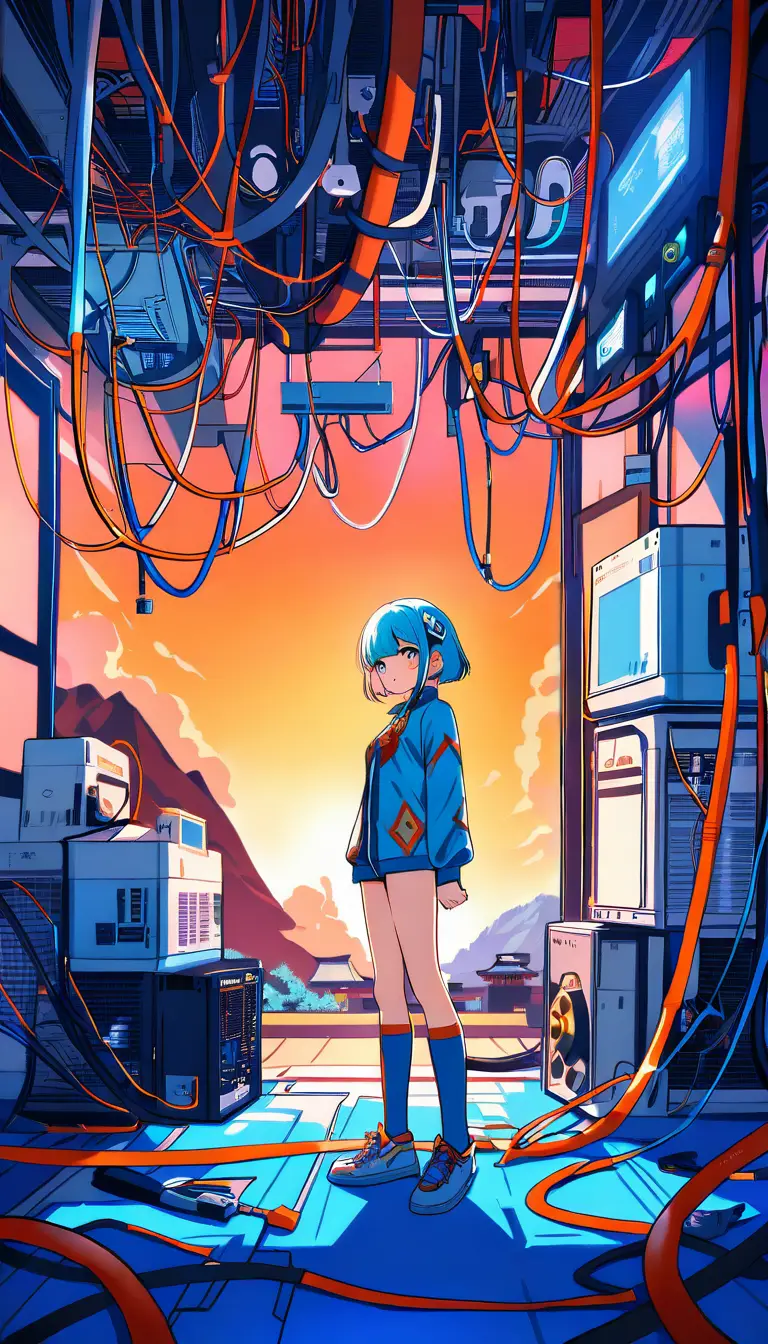 Anime-Schreinpriesterin in einem verkabelten Serverraum