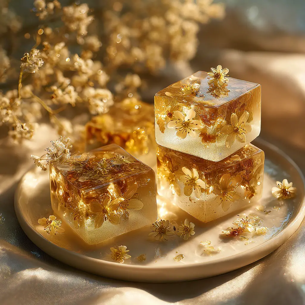 Goldene Osmanthus-Geleewürfel auf elegantem Porzellanteller