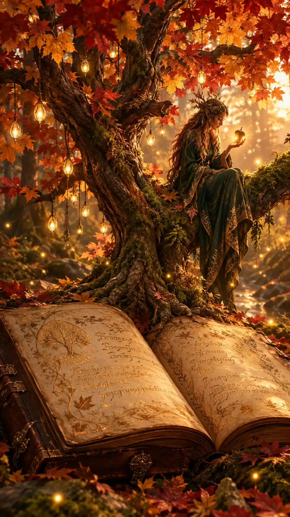 Ancient forest tome with spirit and glowing acorn