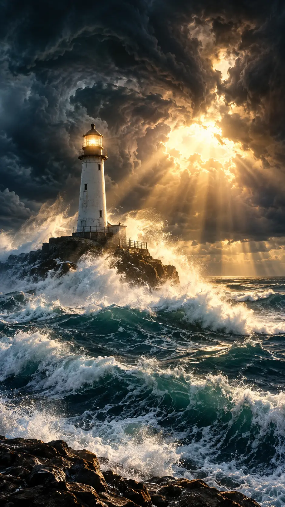 Lighthouse Battling Giant Waves In A Cinematic Ocean Storm
