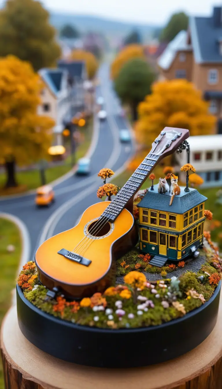 Fiabesco mondo in miniatura che viaggia su una chitarra gigante