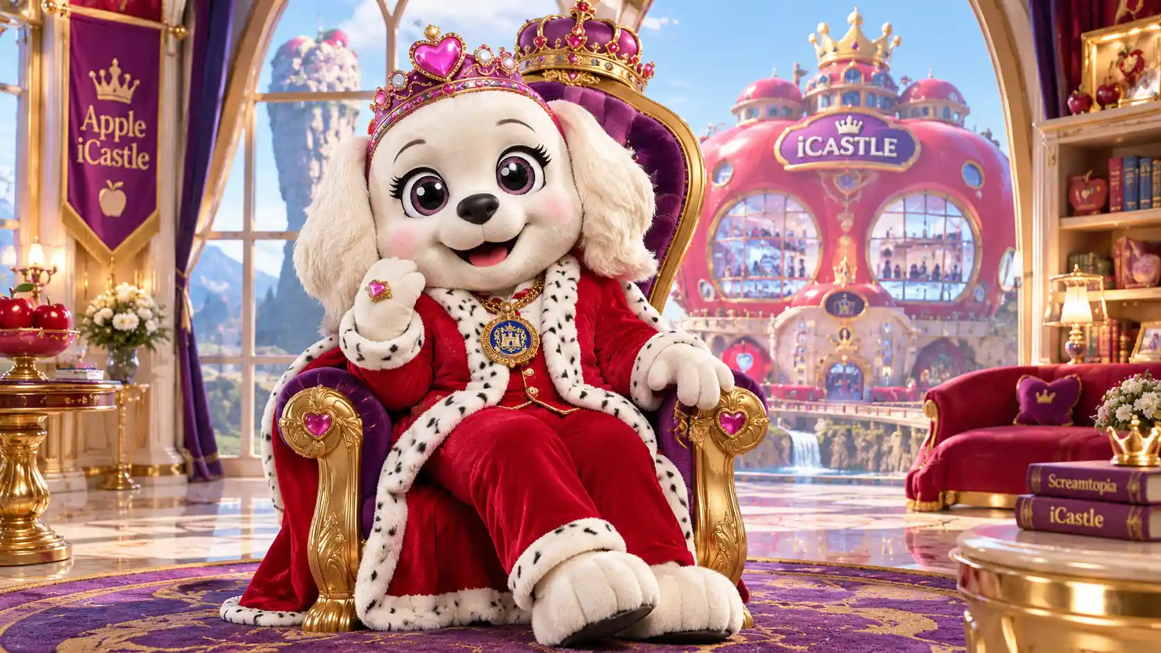 Princesa mascota de perro gigante en un castillo de fantasía