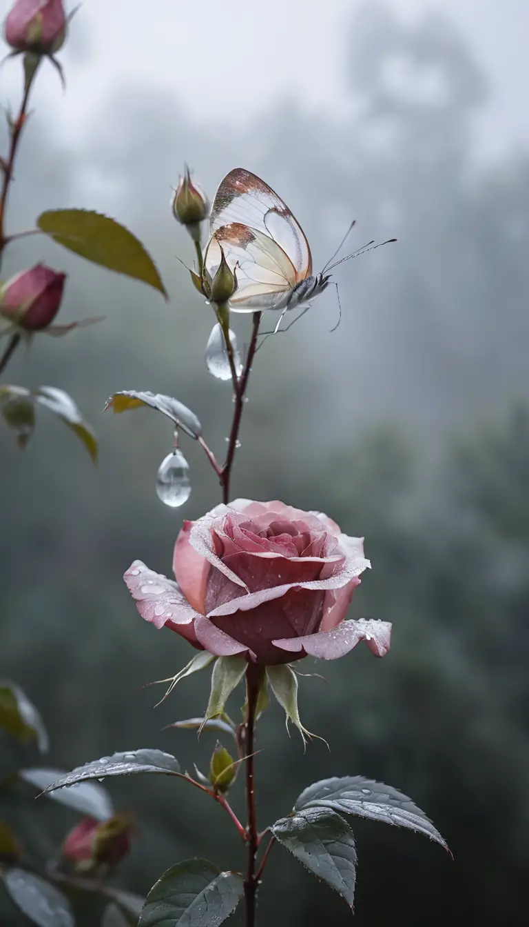 Tallo de rosal trepador entre niebla con gotas de rocío y mariposa en reposo