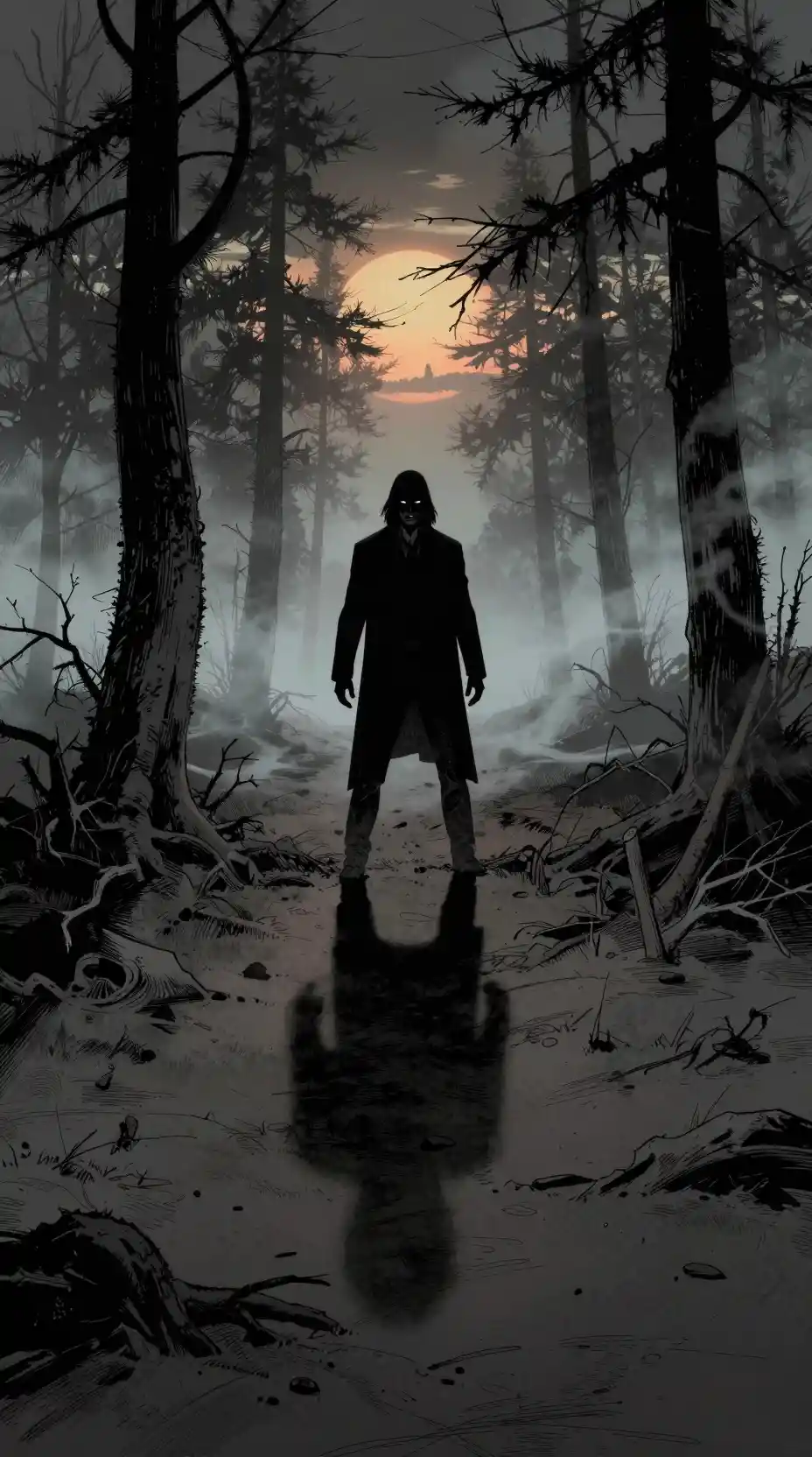 Lone Man In Silent Pines At Ominous Sunset