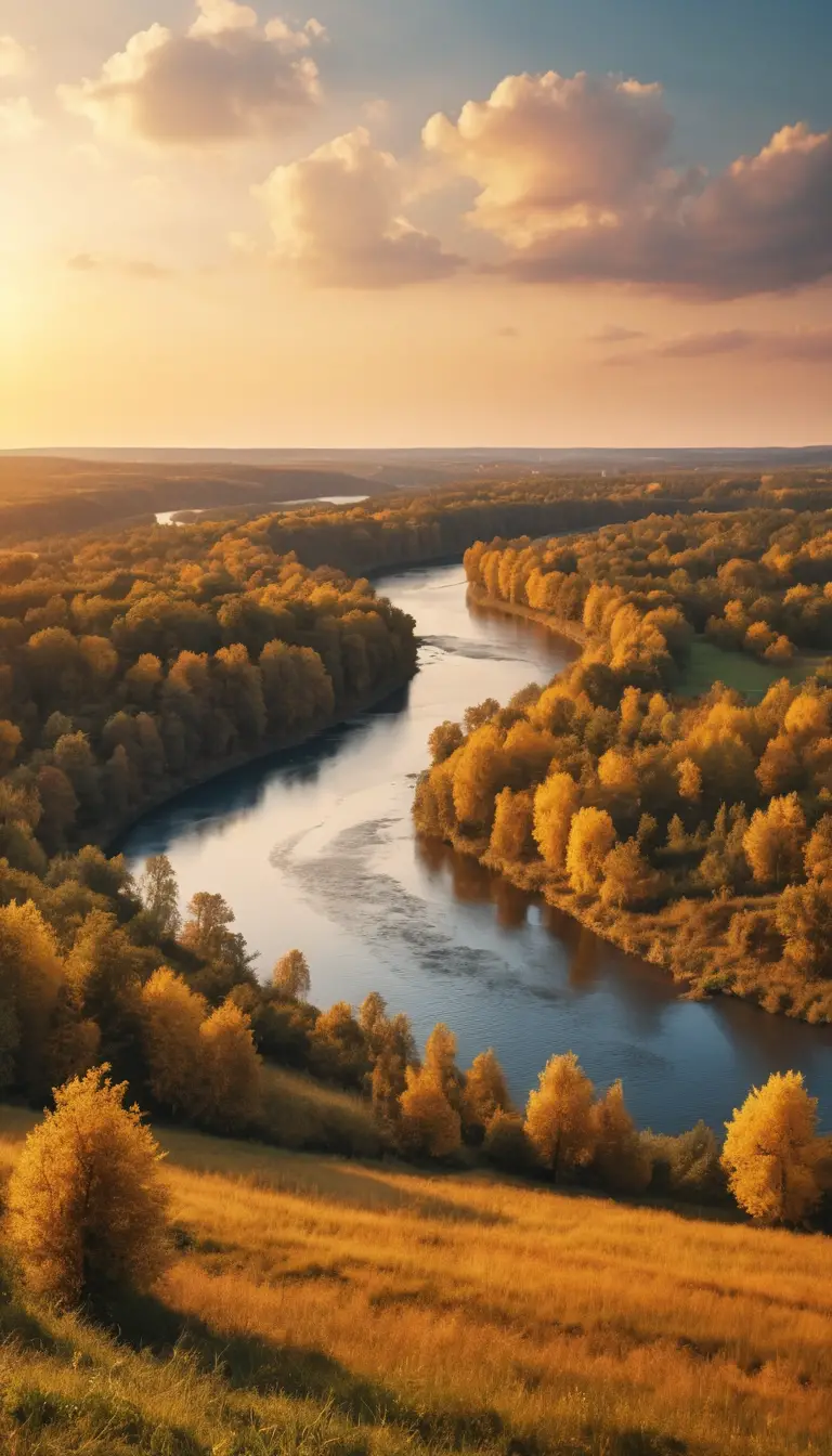 Rivière sereine et forêt sous un ciel de coucher de soleil chaleureux