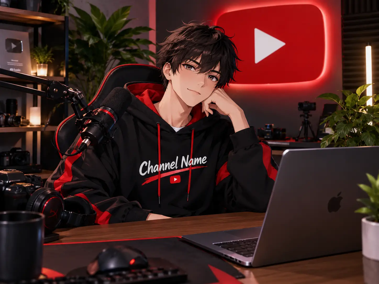 Anime-Junge streamt an einem Computer-Schreibtisch