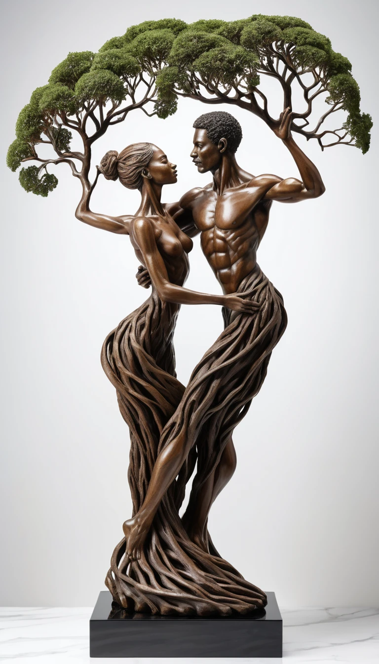 Root sculpture of dancing couple on glass pedestal