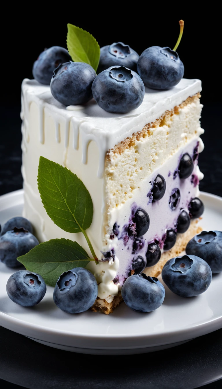 Tranche 3D de gâteau glacé blanc aux myrtilles