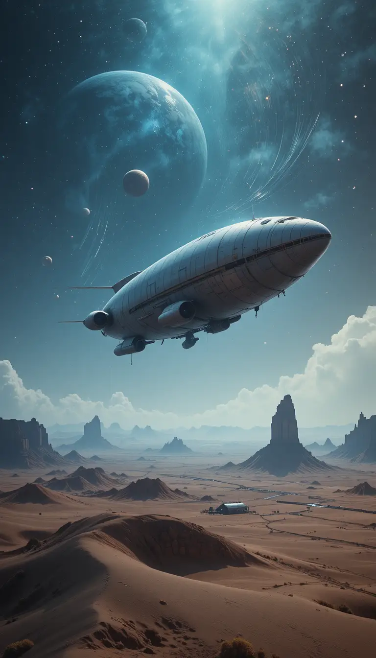Dirigeable rétrofuturiste solitaire au‑dessus d’un désert alien