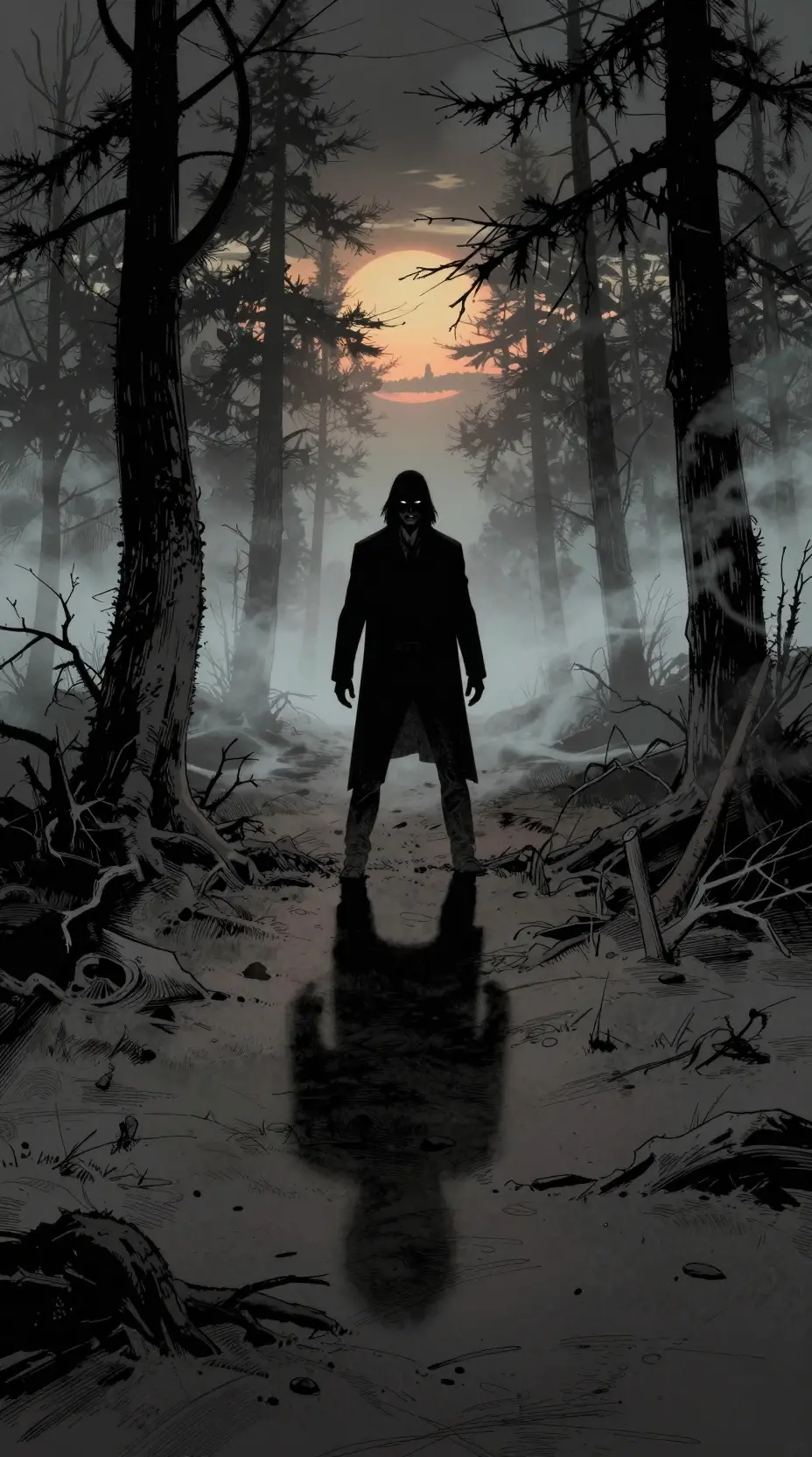 Lone Man In Silent Pines At Ominous Sunset
