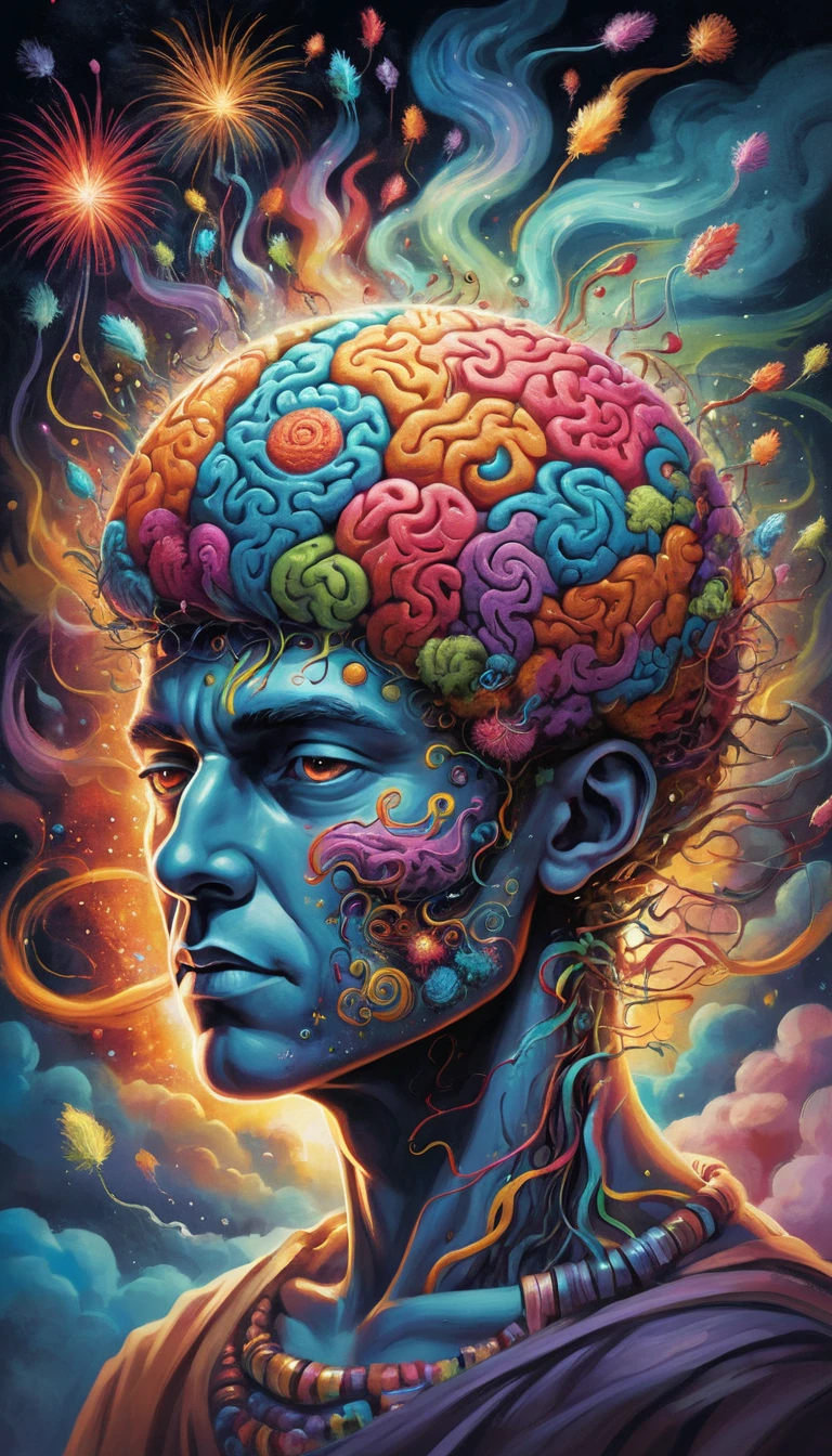 Psychedelic brain erupting with whimsical cartoon imagination