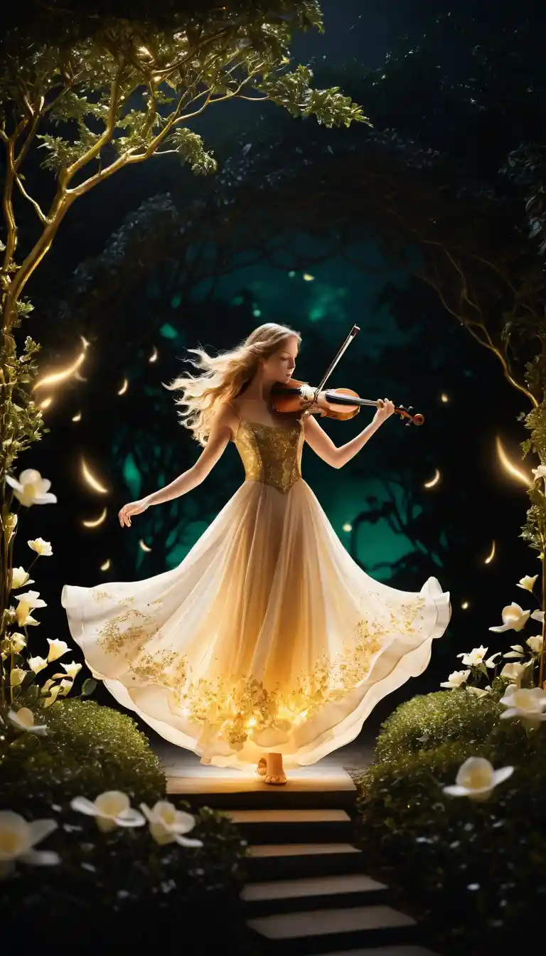Glowing Neon Violinist Above A Dark Enchanted Garden