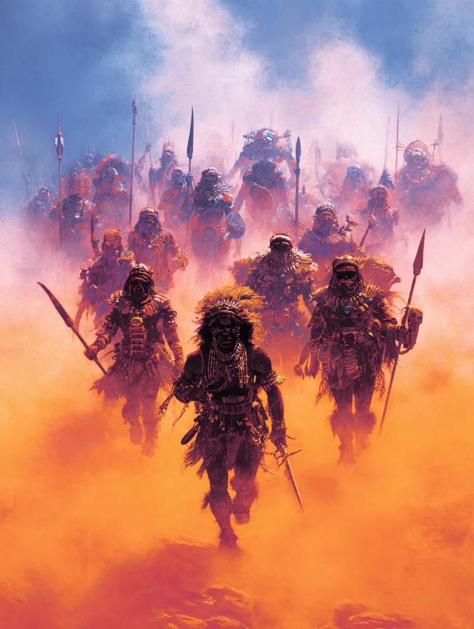 Des guerriers de fantasy épique s’affrontent sur un sombre champ de bataille mystique