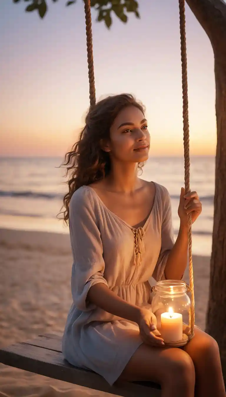 Young woman on a swing by the sea at sunset